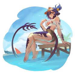 1girl aqua_eyes ass au_ra barefoot bikini blue_hair breasts brown_shorts closed_mouth dragon_horns dragon_tail final_fantasy final_fantasy_xiv flower from_side full_body hair_between_eyes hair_flower hair_ornament highres horn_ornament horn_ring horns large_breasts looking_at_viewer nail_polish pier pink_bikini roxy_thefoxy scales short_hair shorts sitting soles solo swimsuit tail tattoo toenail_polish toenails toes visor_cap warrior_of_light_(ff14)