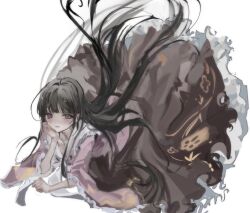 Rule 34 | 1girl, black hair, brown skirt, frills, full body, head rest, highres, hime cut, houraisan kaguya, light smile, long hair, long sleeves, looking at viewer, lying, on stomach, open mouth, pink eyes, pink shirt, puffy sleeves, sesmkun, shirt, skirt, solo, touhou, very long hair, white background