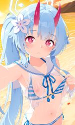 1girl :&lt; beach bikini blue_archive blue_hair blue_halo blush breasts camisole chinese_commentary chise_(blue_archive) chise_(swimsuit)_(blue_archive) closed_mouth commentary_request didac_fantasy evening flashing flower hair_flower hair_ornament halo highres horns loli long_hair looking_at_viewer navel nipples ocean official_alternate_costume oni outdoors outstretched_arm pulling_own_clothes reaching reaching_towards_viewer red_eyes red_horns sailor_bikini sailor_collar see-through_camisole see-through_clothes selfie shore side-tie_bikini_bottom side_ponytail skin-covered_horns small_breasts solo starfish striped_bikini striped_clothes swimsuit upper_body very_long_hair water_drop wet white_flower white_sailor_collar