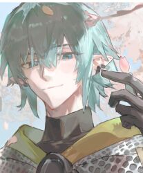 1boy armor black_gloves blue_eyes branch cherry_blossoms closed_mouth earrings falling_petals gloves hair_between_eyes hand_up jewelry leaf looking_at_viewer male_focus original outdoors petals pointy_ears portrait qyzhiaiyisheng short_hair smile solo tree turtleneck