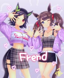 2girls alternate_costume animal_ears bandaid bandaid_on_face beret black_hair black_headwear black_shirt black_shorts black_skirt blue_eyes blush breasts brown_hair cleavage cleavage_cutout clothes_writing clothing_cutout crop_top english_text engrish_text feet_out_of_frame hands_up hat heart highres horse_ears horse_girl horse_tail jacket jewelry long_hair long_sleeves looking_at_viewer midriff multicolored_nails multiple_girls navel necklace off_shoulder one_eye_closed plaid_clothes plaid_skirt puckered_lips purple_jacket purple_shirt ranguage red_eyes ring shirt short_hair shorts signature skirt small_breasts spread_fingers standing tail tosen_jordan_(umamusume) twintails umamusume unajiru winning_ticket_(umamusume)