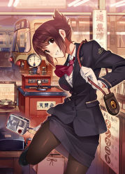 Rule 34 | 1girl, black pantyhose, brown eyes, brown hair, female focus, gloves, grin, kirenenko (usavich), locomotive, looking at viewer, md5 mismatch, multiple unit train, original, pantyhose, pencil skirt, short hair, skirt, smile, solo, train, train attendant, travel attendant, uniform, usavich, vania600