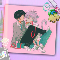 2boys animal_ears cat_ears cat_tail earth_(planet) fishcoooo hair_between_eyes highres ikari_shinji internet_explorer microsoft_windows multiple_boys nagisa_kaworu neon_genesis_evangelion planet red_eyes shoes tail white_shoes yaoi