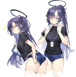 1girl absurdres ass black_halo black_shirt blue_archive blue_buruma blush breasts buruma closed_mouth cowboy_shot from_behind gym_uniform halo highres long_hair looking_at_viewer looking_back mechanical_halo multiple_views official_alternate_costume ponytail purple_eyes purple_hair shirt short_sleeves simple_background solo standing star_sticker sticker_on_face sweat thighhighs thighs towel towel_around_neck white_background xiangchizhubijin yuuka_(blue_archive) yuuka_(track)_(blue_archive)