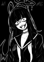 1girl absurdres antenna_hair blue_archive breasts choker cleavage fangs greyscale halo highres large_breasts liquid_halo long_hair lughost monochrome open_mouth school_uniform serafuku solo teeth tongue tongue_out tsurugi_(blue_archive) upper_teeth_only wings