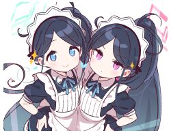 2girls apron aris_(blue_archive) aris_(maid)_(blue_archive) black_dress black_hair blue_archive blue_eyes blush breasts dress halo highres kei_(blue_archive) long_hair looking_at_viewer maid_headdress multiple_girls official_alternate_costume official_alternate_hairstyle parted_bangs ponytail puffy_short_sleeves puffy_sleeves purple_eyes short_sleeves sidelocks small_breasts very_long_hair white_apron wristband yoru_nai