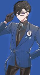 Rule 34 | 1boy, :3, arm behind back, award ribbon, black-framed eyewear, black gloves, black hair, black pants, black shirt, blue background, blue jacket, brooch, closed mouth, collared shirt, commentary request, cowboy shot, glasses, gloves, hair between eyes, hand up, jacket, jewelry, kuzumiya yuyu, lapels, long sleeves, looking at viewer, male focus, neck ribbon, nijisanji, pants, parted bangs, pinstripe jacket, pinstripe pattern, purple eyes, ribbon, shikinagi akira, shirt, short hair, simple background, smile, solo, standing, virtual youtuber, wing collar