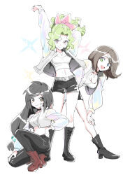 Rule 34 | 3girls, arm behind head, black boots, black choker, black hair, black pants, black shorts, blue eyes, boots, breasts, brown boots, brown eyes, brown hair, choker, cleavage, closed mouth, crop top, cropped jacket, dede (qwea 00000), final fantasy, final fantasy ix, final fantasy vi, final fantasy x, full body, garnet til alexandros xvii, green eyes, grey jacket, hair ribbon, hair tubes, hand on own hip, hand on own knee, hand up, headset, heterochromia, idol, jacket, jewelry, leaning forward, long hair, looking at viewer, low-tied long hair, medium breasts, medium hair, multiple girls, necklace, on one knee, open mouth, pants, parted bangs, pink eyes, pink ribbon, ponytail, ribbon, shirt, short shorts, shorts, smile, standing, straight hair, swept bangs, tina branford, wavy hair, white background, white shirt, yuna (ff10)
