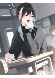 1girl absurdres black_hair black_jacket classroom closed_eyes cross cross_earrings desk ear_piercing earrings highres holding holding_pen indoors jacket jewelry long_sleeves multicolored_hair open_mouth original pen piercing rerrere school_desk solo_focus streaked_hair white_hair yawning