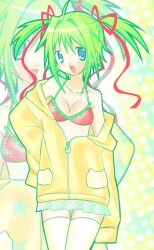 Rule 34 | ahoge, blush, bra, breasts, cleavage, collarbone, green hair, hair between eyes, hair intakes, hair ribbon, highres, jacket, mugi44i, open mouth, red ribbon, ribbon, strawberry bra, thighhighs, thighs, twintails, underwear, white thighhighs, yellow jacket, zipper