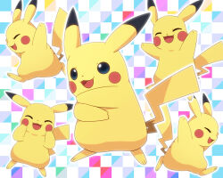 animal_focus blue_eyes closed_eyes commentary full_body gen_1_pokemon happy i-m-a nintendo no_humans open_mouth pikachu pokemon pokemon_(creature) smile standing tail walking