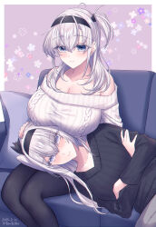 2girls alternate_costume black_hairband black_pantyhose black_ribbon black_sweater blush breast_rest breasts cleavage closed_mouth commentary_request couch crossed_arms dated flower_symbol fuyutsuki_(kancolle) grey_hair hair_between_eyes hairband highres huge_breasts kabocha_torute kantai_collection lap_pillow large_breasts long_hair long_sleeves lying medium_breasts multiple_girls off-shoulder_sweater off_shoulder on_couch on_side one_side_up pantyhose ribbon sitting suzutsuki_(kancolle) sweat sweater twitter_username white_sweater yuri