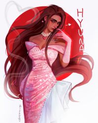 Rule 34 | 1girl, alien stage, alternate costume, breasts, brown hair, character name, chest tattoo, cigarette, commentary, cowboy shot, dark-skinned female, dark skin, dress, earrings, elbow gloves, english commentary, floating earrings, glitter dress, gloves, grey eyes, heart, heart earrings, heart necklace, highres, holding, holding cigarette, hyuna (alien stage), jewelry, kirrosav, long hair, necklace, off-shoulder dress, off shoulder, pink dress, pink gloves, short sleeves, signature, smoke, solo, tattoo, very long hair
