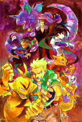 1girl 3boys alternate_costume black_hair blonde_hair electabuzz gen_1_pokemon giovanni_(pokemon) golbat great_ball gym_leader highres holding holding_poke_ball holding_spoon kadabra koga_(pokemon) long_hair multiple_boys nidoking nintendo poke_ball poke_ball_(basic) pokemon pokemon_(creature) pokemon_adventures sabrina_(pokemon) shinoasa spoon surge_(pokemon) team_rocket waist_poke_ball