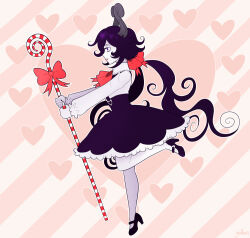 1girl bow candy_cane_staff colored_skin demon_girl demon_horns from_side full_body funamusea gallaxi genderswap genderswap_(mtf) hair_bow heart holding holding_staff horns leg_up long_hair low_twintails outline pink_lips purple_eyes purple_hair purple_sandals purple_skirt red_bow sandals satanick_(funamusea) shirt skirt solo staff striped_background suspender_skirt suspenders thighhighs twintails white_outline white_shirt white_skin white_thighhighs