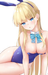 1girl :o animal_ear_hairband animal_ears aqua_bow aqua_bowtie arm_support bare_shoulders blonde_hair blue_archive blue_eyes blue_hair blue_hairband blue_leotard blunt_bangs blush bow bowtie braid breasts c.u.wa cleavage collarbone commentary detached_collar eyes_visible_through_hair fake_animal_ears groin hairband half_up_braid hanging_breasts head_tilt highleg highleg_leotard highres large_breasts leotard long_hair looking_at_viewer official_alternate_costume official_alternate_hairstyle open_mouth playboy_bunny rabbit_ears sidelocks simple_background sitting solo straight_hair strapless strapless_leotard thighs toki_(blue_archive) toki_(bunny)_(blue_archive) very_long_hair white_background yokozuwari