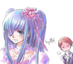 Rule 34 | 1boy, 1girl, blue hair, bow, ciel phantomhive, eyepatch, flower, furudo erika, kirakishou, kuroshitsuji, long hair, looking at viewer, ono daisuke, orange541, parody, red hair, ribbon, rozen maiden, signature, sweatdrop, twintails, umineko no naku koro ni, ushiromiya battler, voice actor connection