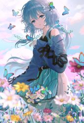 1girl apron apron_hold artist_name bare_shoulders belt black_belt blue_butterfly blue_eyes blue_hair blurry blurry_foreground bug butterfly butterfly_on_hair butterfly_on_hand cloud cross-laced_clothes cross-laced_sleeves day depth_of_field field flower flower_field fymrie green_apron hair_between_eyes hair_ornament hair_ribbon hairclip hand_up insect long_hair long_sleeves looking_at_viewer low_ponytail off-shoulder_shirt off_shoulder original outdoors parted_lips pink_flower pleated_skirt ponytail ribbon shirt skirt solo standing three_quarter_view v-neck very_long_hair white_flower white_ribbon white_skirt yellow_flower