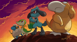 beak black_fur blue_fur gen_1_pokemon gen_2_pokemon gen_4_pokemon gen_5_pokemon mareep nintendo no_humans outdoors pokemon pokemon_(creature) psyduck red_eyes riolu signature snivy squeegool standing sunset two-tone_fur
