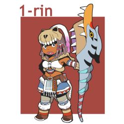 Rule 34 | 1girl, black eyes, blue shorts, breasts, brown hair, cleavage, commentary request, dark-skinned female, dark skin, dreadlocks, full body, holding, holding weapon, lips, looking at viewer, medium breasts, midriff, monster hunter (character), monster hunter (series), monster hunter portable 2nd g, navel, onikobe rin, open mouth, red background, short hair, shorts, skull on head, solo, standing, tribal, two-tone background, weapon