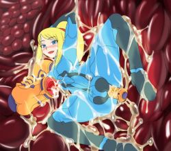 1futa arms_up artificial_vagina blonde_hair blue_eyes blush bodysuit breasts bukkake bulge cum cum_on_body cum_on_lower_body cum_on_upper_body damu_otoko futanari long_hair metroid futa_without_pussy nintendo object_insertion penis ponytail samus_aran sex_toy solo testicles third-party_edit vaginal zero_suit