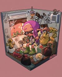 1girl air_conditioner arm_up artist_name ashtray asymmetrical_hair bed book bookshelf boots bug can capsule charger cigarette closed_mouth cohozuna_(splatoon) commentary_request crack cracked_wall crumpled_paper crushed_can dark-skinned_female dark_skin dressing drink_can electrical_outlet evening golden_egg_(splatoon) green_footwear grey_jumpsuit hiding highres horrorboros indoors inkling inkling_girl inkling_player_character isometric jitome jumpsuit lantern light_particles long_hair long_sleeves looking_down megalodontia_(splatoon) mouse_(animal) mouth_hold mxyx0321 nintendo on_bed paper paper_lantern pointy_ears poster_(object) purple_background purple_hair rubber_boots rug salmon_run_(splatoon) salmonid scared silk simple_background sitting smallfry_(splatoon) smoke smoking spider spider_web splatoon_(series) splatoon_3 sticker table tassel tentacle_hair trash_bag trembling trophy twitter_username window window_blinds windowsill wooden_floor yellow_eyes