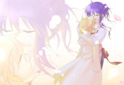 Rule 34 | 00s, 1boy, 1girl, bad id, bad pixiv id, blonde hair, blue hair, clannad, closed eyes, hand on head, hetero, hug, komo da, sagara misae, shima katsuki, short hair, sleeves rolled up, zoom layer