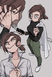 1girl bags_under_eyes breasts brown_hair cellphone cigarette full_body green_pants highres holding holding_phone inside_job lab_coat large_breasts long_hair long_sleeves looking_at_viewer low_ponytail pants phone pita_randm pointy_nose ponytail reagan_ridley shirt simple_background smartphone smile smoke smoking white_shirt