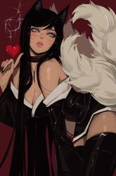 Rule 34 | 1girl, ahri (league of legends), bare shoulders, black thighhighs, breasts, brown choker, choker, dress, facial mark, fox girl, fox tail, from side, heart, highres, kitsune, kyuubi, large breasts, league of legends, looking to the side, multiple tails, red background, shiny skin, shmalloe, short dress, smile, solo, tail, thighhighs, whisker markings