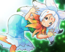 Rule 34 | 1girl, blue dress, curtained hair, dress, facial mark, feather necklace, forehead mark, forehead tattoo, fossilized wonders, fringe-trimmed capelet, grey hair, grin, houjuu chimi, jewelry, leaf clothing, leaf shirt, necklace, red leaf, sleeveless, sleeveless dress, smile, solo, tanasuke, touhou, traditional media, waving hands, white hair