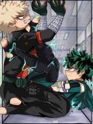 2boys angiereart bakudeku bakugou_katsuki blonde_hair boku_no_hero_academia bones_(company) box cube curly_hair feet foot_on_another&#039;s_face formal_clothes freckles green_eyes green_hair lightning looking_at_another messy_hair midoriya_izuku multiple_boys red_eyes sex_position shounen_jump sparks spiked_hair suit superhero_costume teeth toes trapped yaoi