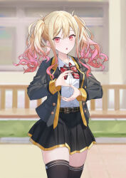 1girl :o absurdres black_skirt black_thighhighs blonde_hair bow bowtie collared_shirt gold_trim gradient_hair grey_jacket highres jacket long_hair long_sleeves looking_at_viewer miniskirt multicolored_hair open_clothes open_jacket open_mouth pink_hair pleated_skirt project_sekai red_eyes school_uniform shirt shirt_tucked_in skirt solo tenma_saki thighhighs timmoo twintails two-tone_hair white_shirt zettai_ryouiki