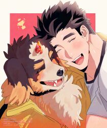 2boys bara carbuncle_(housamo) doku_(hitori_ox) facial_hair highres looking_at_viewer male_focus mature_male multiple_boys protagonist_3_(housamo) short_hair thick_eyebrows tokyo_houkago_summoners