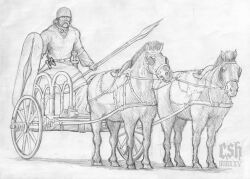 Rule 34 | 1boy, absurdres, animal, armor, artist name, blinders, chariot, christian sloan hall, graphite (medium), highres, holding, holding polearm, holding shield, holding weapon, horse, monochrome, original, polearm, roman numeral, shield, short hair, sketch, solo, spear, sword, traditional media, weapon