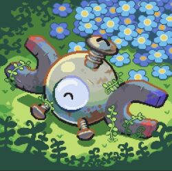 ^_^ blue_flower closed_eyes commentary creatures_(company) english_commentary flower game_freak gen_1_pokemon grass happy jdzombi magnemite nintendo no_humans on_grass pixel_art plant pokemon pokemon_(creature) pokemon_focus screw third-party_source vines