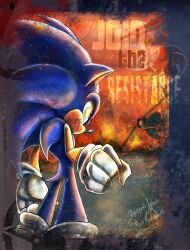 1boy absurdres clenched_hand death_egg_robot embers from_behind furry furry_male gloves green_eyes highres misstangshan95 robot signature sonic_(series) sonic_forces sonic_the_hedgehog standing white_gloves