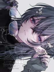 @h0iyshlt absurdres black_hair eyelashes glasses hair_ornament hairpin highres jewelry long_hair necklace non-web_source piercing sleeves_past_wrists turtleneck watermark