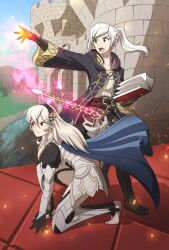 2girls absurdres armor barefoot belt black_hairband boots breasts brown_eyes cape castle cleavage coat collarbone corrin_(female)_(fire_emblem) corrin_(fire_emblem) feet female_robin_(fire_emblem) fire_emblem fire_emblem_awakening fire_emblem_fates floating_hair full_body gloves hair_between_eyes hair_ornament hairband heel_up highres holding holding_sword holding_weapon intelligent_systems jeli-cat knee_boots long_hair medium_breasts multiple_belts multiple_girls nintendo on_one_knee red_eyes sidelocks spellbook stirrup_legwear sword thighs toeless_legwear toenails toes twintails weapon white_hair wide_sleeves yato_(fire_emblem)