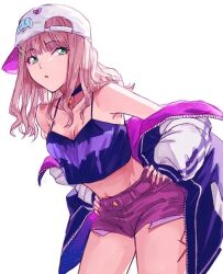 Rule 34 | 1girl, baseball cap, breasts, brown hair, commentary request, corset, eyelashes, green eyes, gridman universe, gridman universe (movie), hair ornament, hat, jacket, long hair, looking at viewer, minami yume, necktie, official alternate costume, open mouth, purple corset, purple shorts, risyo, scar, scar on leg, short necktie, shorts, simple background, solo, ssss.dynazenon, white background