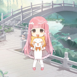 1girl ^_^ ahoge animal artist_request blunt_bangs blush_stickers bow bowtie bridge brown_eyes cat chibi chinese_commentary cloak closed_eyes clothed_animal commentary_request cross-laced_shoes day dot_nose ear_covers flower forest frilled_skirt frills grey_skirt holding holding_animal holding_cat hood hood_up hooded_cloak light_blush lily_pad long_hair long_sleeves looking_at_viewer medium_skirt miracle_nikki momo_(nikki) nature nikki_(nikki) nikki_(series) official_art open_mouth orange_bow orange_bowtie outdoors pantyhose pink_flower pink_hair pink_sleeve_cuffs pleated_skirt red_shoes river second-party_source shirt shoes sidelocks skirt smile standing straight-on straight_hair tareme traditional_bowtie tree very_long_hair water_lily_flower whiskers white_cat white_pantyhose white_shirt willow yellow_cloak