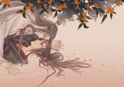 2boys bishounen black_hair black_hanfu brown_hair chinese_clothes closed_mouth couple english_text eye_contact flower from_side gradient_background grey_eyes hair_ribbon half_updo hanfu headband high_ponytail highres holding_hands interlocked_fingers lan_wangji leaf long_hair long_sleeves looking_at_another lying male_focus modao_zushi multiple_boys on_back on_side orange_flower parted_lips petals ponytail profile red_ribbon ribbon robe sidelocks smile topknot upper_body very_long_hair w2biiro wei_wuxian white_hanfu white_headband wide_sleeves xiao_guan_(headdress) yaoi yellow_eyes