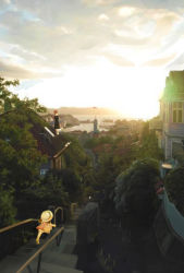 1980s_(style) 1boy 2girls aircraft airplane ajks bad_id bad_pixiv_id bird cityscape cloud company_connection creature crossover hat highres house kiki_(majo_no_takkyuubin) kurenai_no_buta kusakabe_mei majo_no_takkyuubin makkurokurosuke multiple_girls muska ocean retro_artstyle outdoors retro_artstyle road roof rooftop savoia_s.21 scenery sky stairs street studio_ghibli sun_hat susuwatari tenkuu_no_shiro_laputa tonari_no_totoro totoro tree when_you_see_it