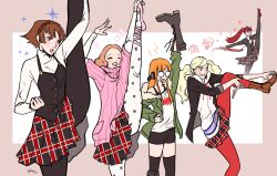 5girls absurdres blonde_hair boots brown_hair flexible grin gymnastics high_kick highres kicking multiple_girls nfoliage niijima_makoto okumura_haru orange_hair pantyhose persona persona_5 persona_5_the_royal plaid_clothes plaid_skirt red_hair sakura_futaba school_uniform shuujin_academy_school_uniform simple_background skirt smile standing standing_on_one_leg takamaki_anne thighhighs yoshizawa_kasumi
