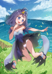 1girl :d acerola_(pokemon) blue_eyes cameltoe cloud collarbone commentary_request day dress falling_leaves flipped_hair foxbird full_body grass hair_ornament hand_up highres leaf nintendo off_shoulder open_mouth outdoors panties pokemon pokemon_sm sandals short_sleeves sky smile solo stitches toes topknot underwear white_panties