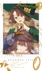 2girls :d :o absurdres anniversary black_gloves blue_coat blue_eyes blurry blurry_background border bow brown_hair building character_name coat copyright_name eyewear_strap flower glasses gloves green_eyes green_hat green_jacket grey_hat hair_bow hand_up hat hat_feather hat_flower highres jacket kakania_(reverse:1999) lantern looking_at_viewer marcus_(reverse:1999) meeeeei mirror multiple_girls newsboy_cap open_mouth reverse:1999 round_eyewear scarf signature smile upper_body white_border white_gloves white_scarf yellow_bow yellow_flower