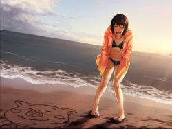Rule 34 | 1girl, :d, beach, bikini, black hair, closed eyes, cloud, female focus, flip-flops, jacket, naruto (classic), naruto (series), navel, ocean, open mouth, outdoors, sand, sandals, shizune (naruto), short hair, smile, solo, standing, sun, swimsuit, tk (tk&#039;s level4), tonton (naruto)