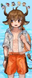 1boy 1other 5girls 6+boys :d abs absurdres ahoge animal_ears arknights beach bikini bison_(arknights) black_hair blue_background blue_eyes blue_hair blue_sky blush brown_eyes brown_hair character_request chibi collarbone cow_boy cow_ears cow_horns cow_tail cowboy_shot day dido_(di_do_di_do) feet_out_of_frame food fruit hair_between_eyes hand_up highres holding holding_food hood hood_down hooded_jacket horns innertube jacket looking_at_viewer looking_to_the_side male_focus male_swimwear multiple_boys multiple_girls navel ocean open_clothes open_jacket open_mouth outdoors see-through_clothes shirt short_hair short_sleeves shorts skewer sky smile solo solo_focus standing sweat sweatdrop swim_ring swim_trunks swimsuit tail teeth upper_teeth_only water watermelon white_jacket wristband