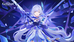 1girl bare_shoulders breasts closed_eyes dress dual_wielding elbow_gloves genshin_impact gloves grey_hair hair_between_eyes hair_ornament highres holding holding_sword holding_weapon long_hair looking_at_viewer multiple_weapons official_art parted_lips purple_gloves skirk_(genshin_impact) solo sword thighs very_long_hair weapon