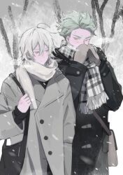 Rule 34 | 2boys, absurdres, bag, bare tree, black coat, black shirt, coat, commentary request, green hair, grey eyes, grey hair, highres, male focus, mittens, multiple boys, outdoors, pinstripe pattern, plaid clothes, plaid scarf, salttt twst, scarf, sebek zigvolt, shirt, short hair, silver vanrouge, snow, tree, twisted wonderland, visible air, warming hands, white scarf, winter, yellow eyes