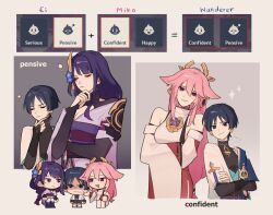 1boy 2girls animal_ears arms_under_breasts blue_hair blunt_bangs braid cheek_pinching chibi closed_eyes closed_mouth commentary couple crossed_arms detached_sleeves earrings english_commentary english_text gameplay_mechanics genshin_impact hair_between_eyes hair_ornament hand_on_another&#039;s_cheek hand_on_another&#039;s_face hand_on_own_chin happy head_tilt headpiece highres japanese_clothes jewelry long_hair long_sleeves looking_at_another looking_at_viewer looking_to_the_side mole mole_under_eye mother_and_son multiple_girls nonons open_mouth pendant pensive pinching pink_hair purple_eyes purple_hair raiden_shogun scaramouche_(genshin_impact) serious short_hair single_braid smirk smug standing user_interface wanderer_(genshin_impact) wide_sleeves yae_miko yuri
